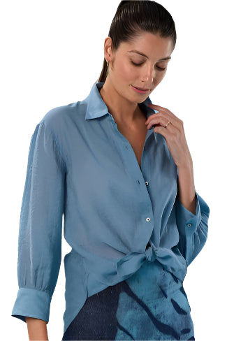 Breeze Point Collar Bracelet Sleeve Button Front Shirt - Misty Blue - Ella Where She Shops
