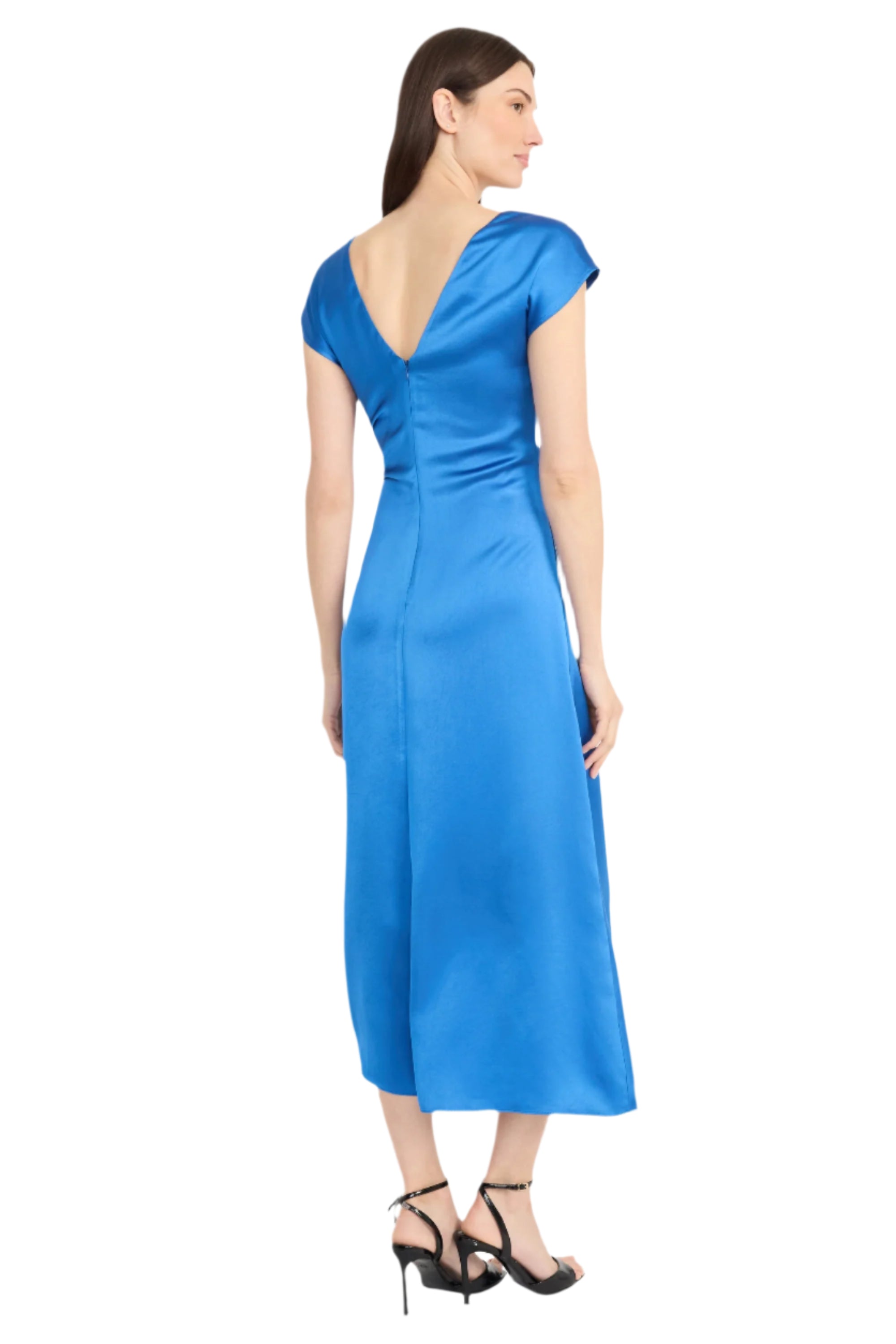 Cap Sleeve Ruched Satin Cocktail Dress – Back – Ella Where She Shops