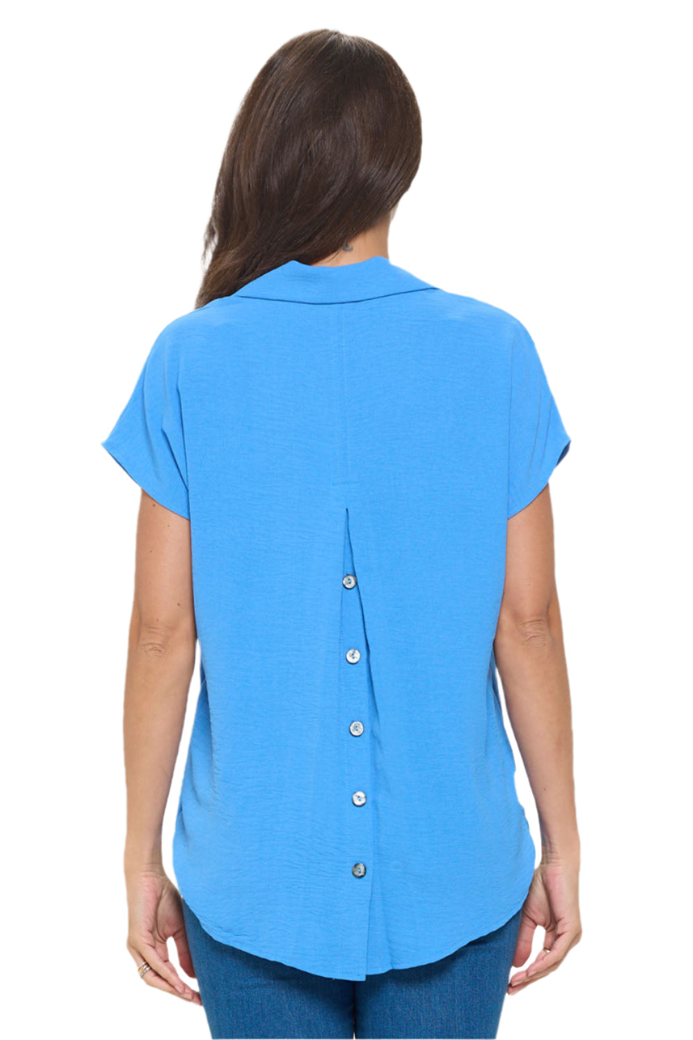 Collared Woven Top with Back Buttons - Cobalt Back - Ella Where She Shops