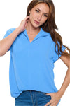 Collared Woven Top with Back Buttons - Cobalt Front - Ella Where She Shops
