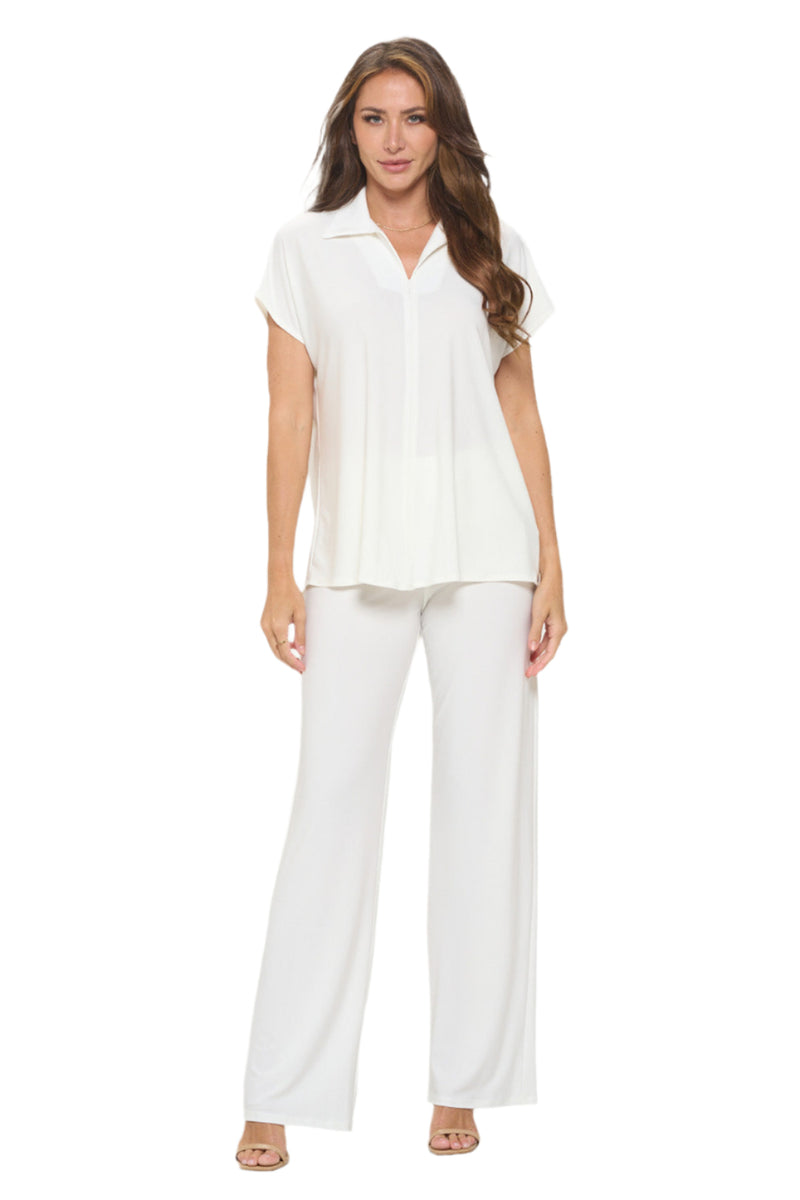 Collared Woven Top with Back Buttons - Ivory - Ella Where She Shops