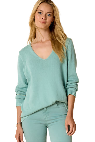 Cotton Cord Soft V-Neck Sweater - Aquifer - Ella Where She Shops