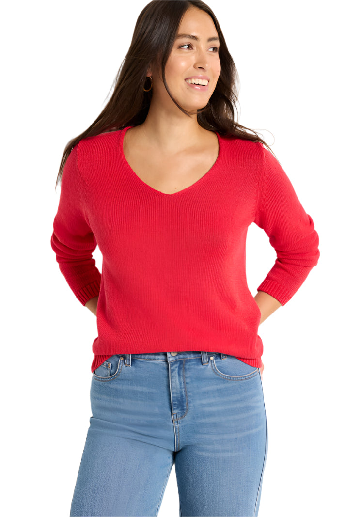 Cotton Cord Soft V-Neck Sweater - Haute Red - Ella Where She Shops