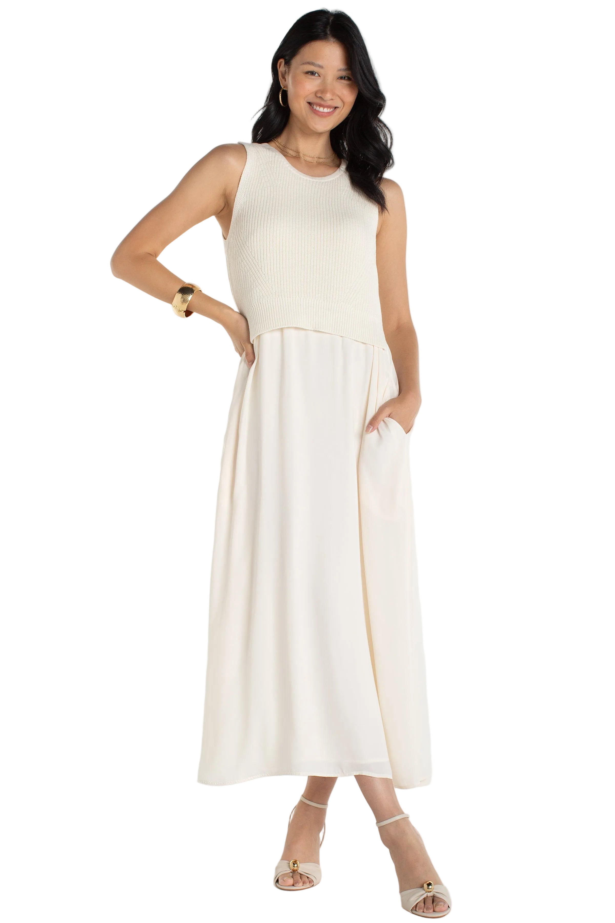 Crew Neck Tie Back Sweater Woven Dress cream ella where she shops