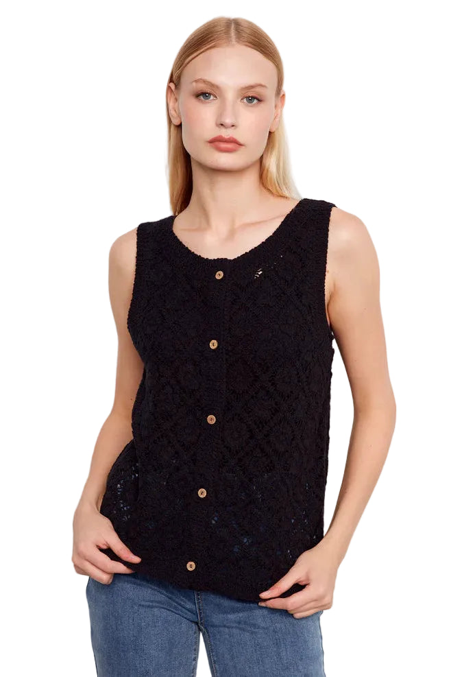 Crochet Button Up Sleeveless Vest black ella where she shops