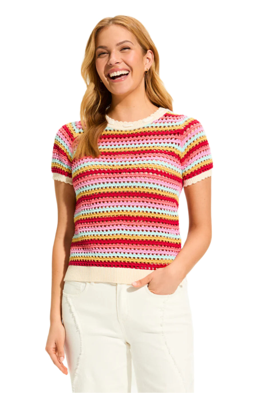Crochet Knit Top Multi Stripe – Front – Ella Where She Shops