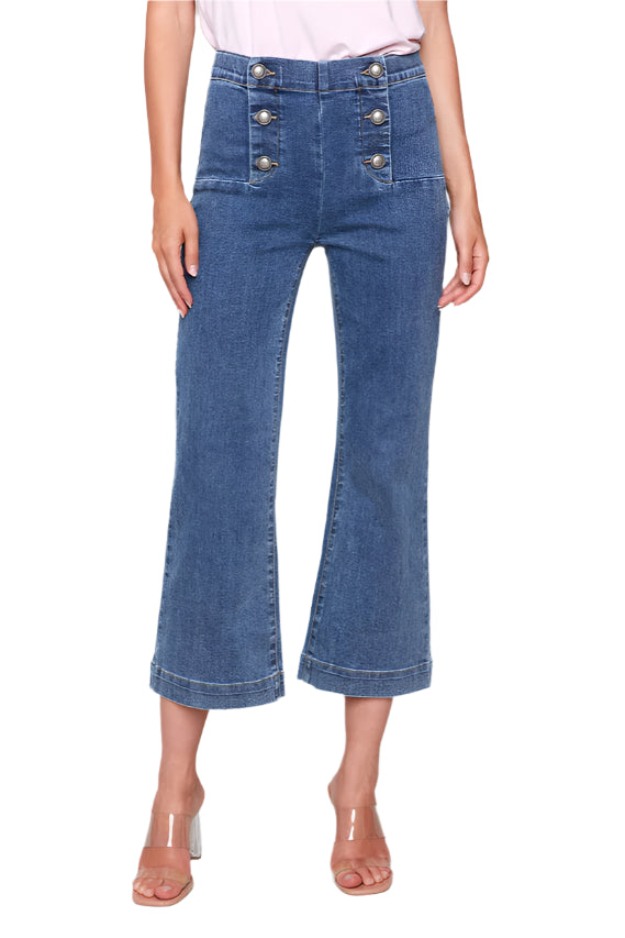 Cropped Pull-On Flare Jeans with Front Buttons - Medium Blue Front - Ella Where She Shops