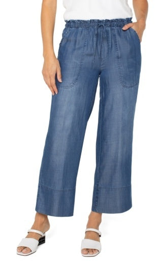 Denim pull on tie waist wide leg ankle pant Ella where she shops