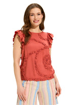 Embellished Flutter Sleeve Top – Coral Rose – Front – Ella Where She Shops