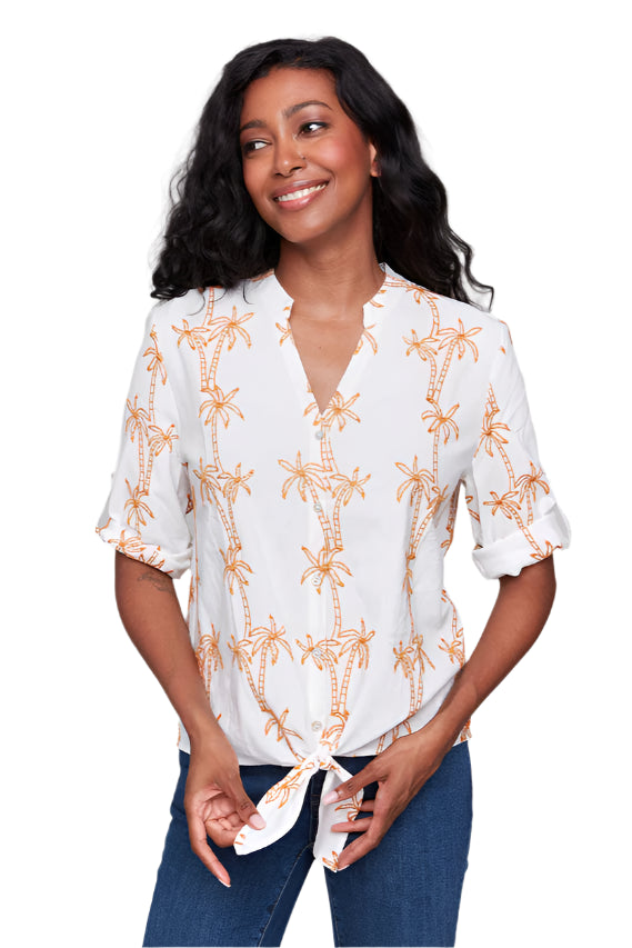 Embroidered Blouse with Front Tie - Papaya - Front - Ella Where She Shops