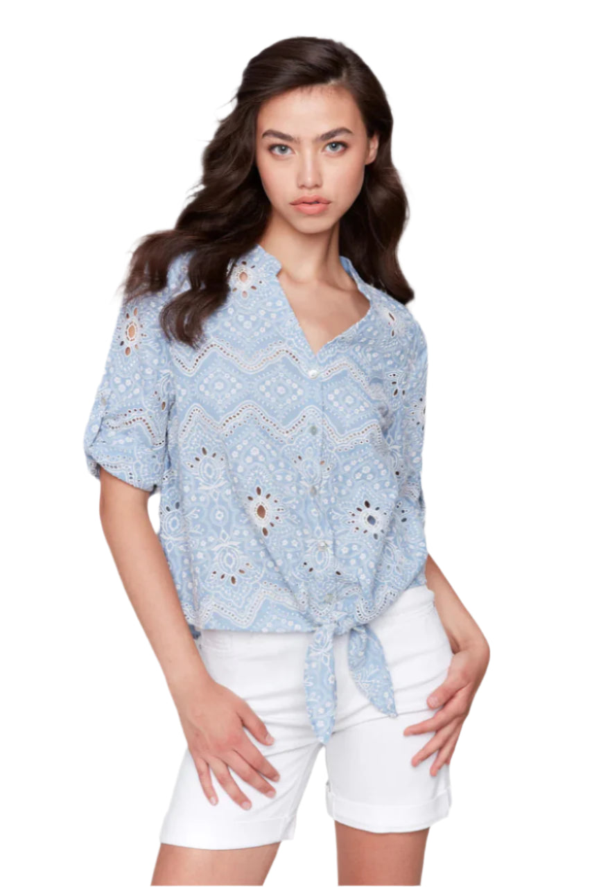 Eyelet Embroidery Cotton Blouse - Bluebell - Front - Ella Where She Shops