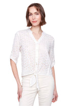 Eyelet Embroidery Cotton Blouse with Front Tie - Gold - Front - Ella Where She Shops
