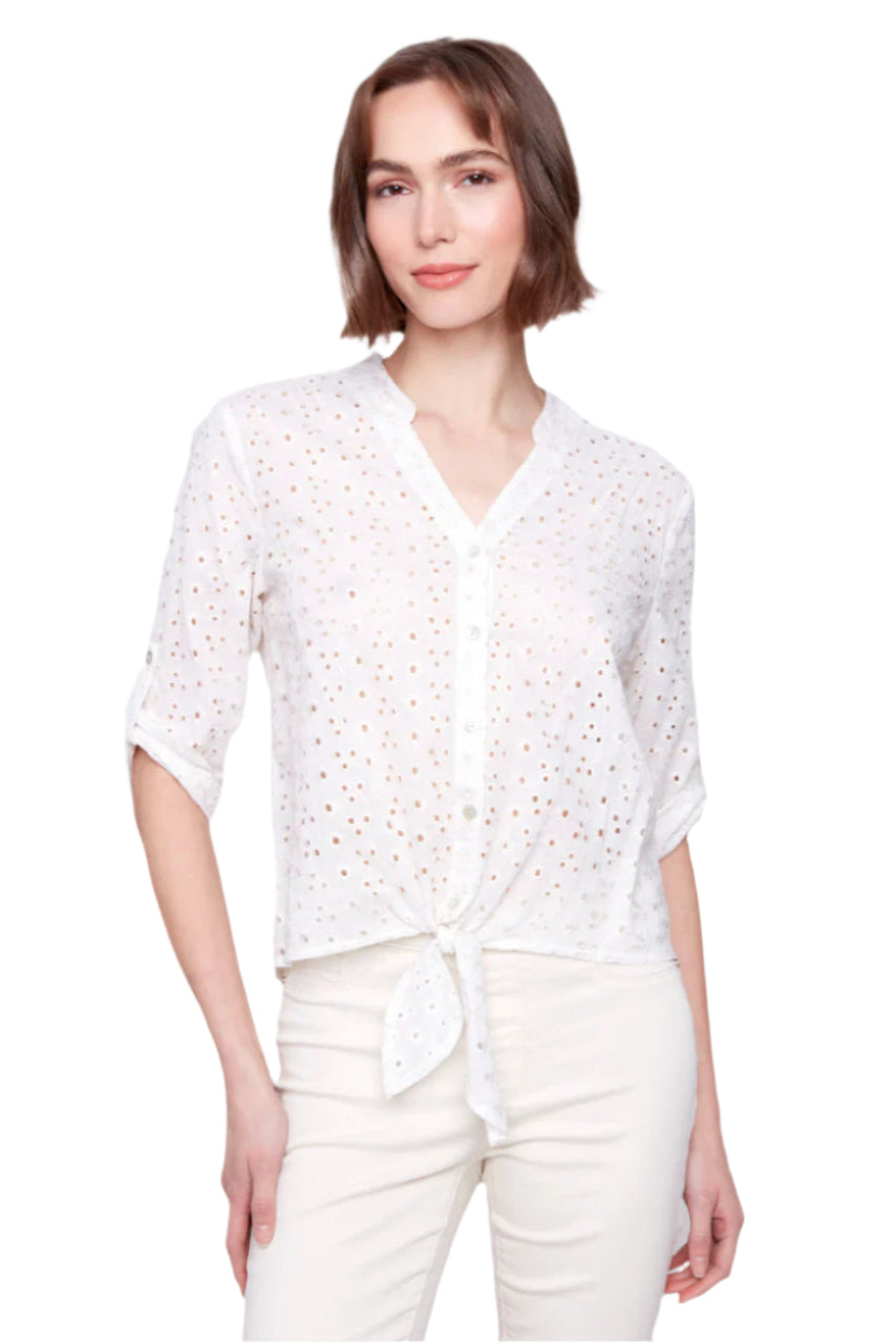 Eyelet Embroidery Cotton Blouse with Front Tie - Gold - Front - Ella Where She Shops