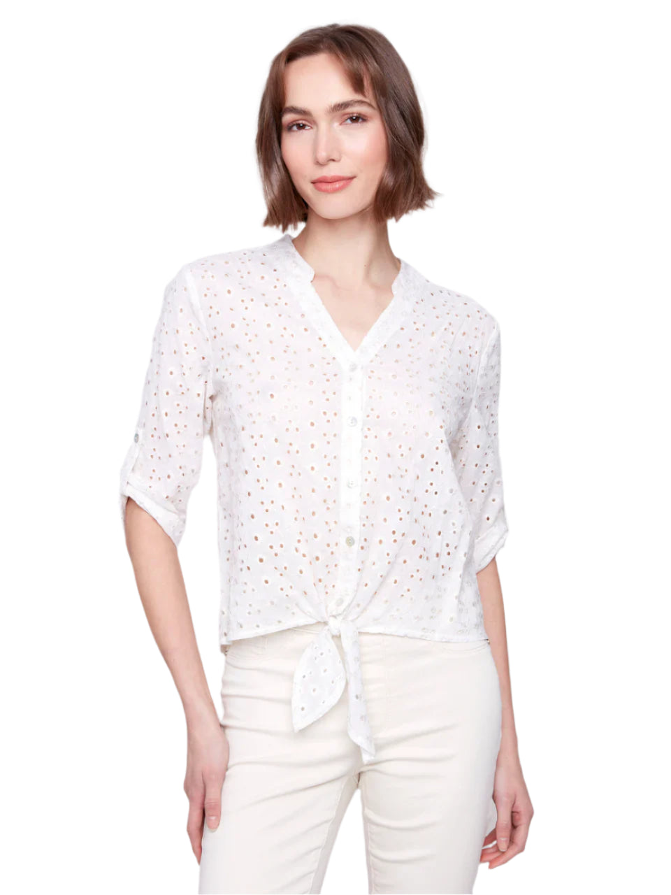 Eyelet Embroidery Cotton Blouse with Front Tie - Gold Ella where she shops