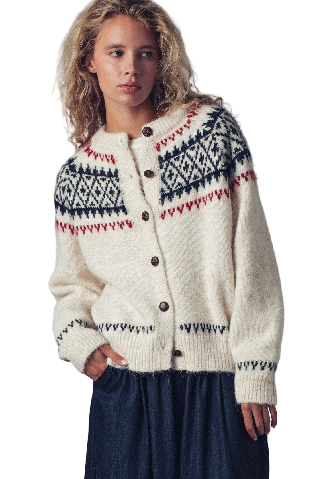 Fair Isle Nordic Toggle Cardi - Ivory Front - Ella Where She Shops