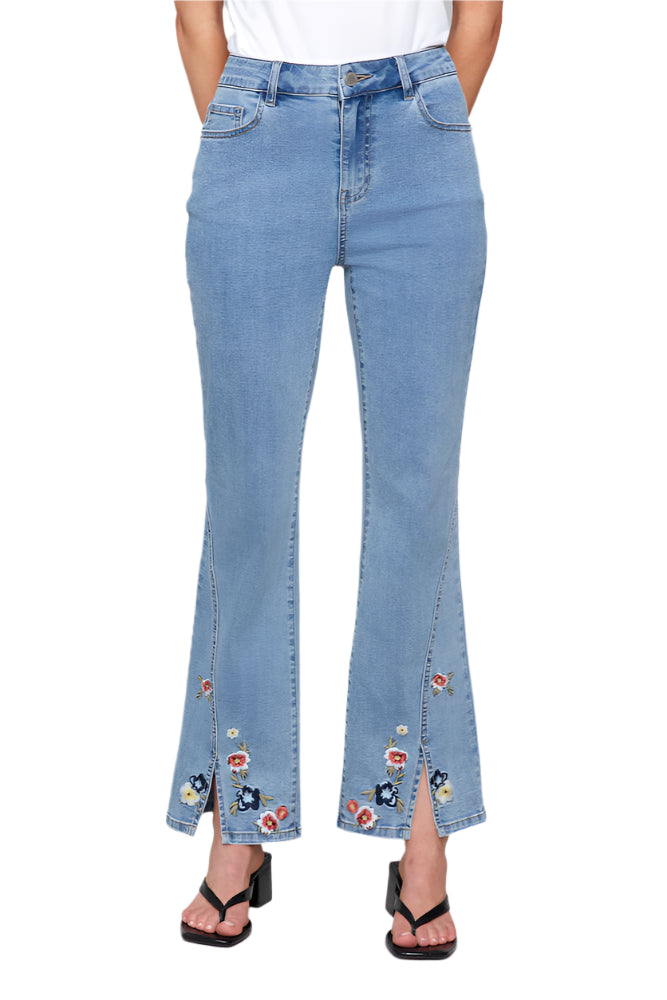 Floral Embroidered Bootcut Jeans - Light Blue - Front - Ella Where She Shops