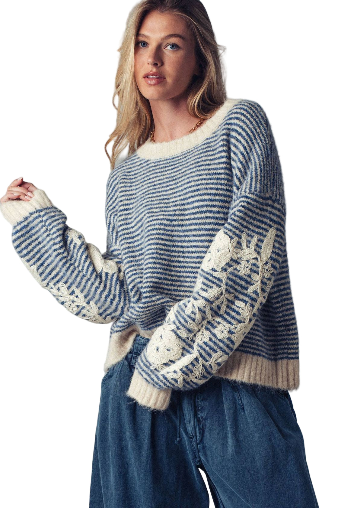 Floral Embroidered Striped Knit Sweater – Front Blue – Ella Where She Shops