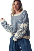 Floral Embroidered Striped Knit Sweater – Front Blue – Ella Where She Shops