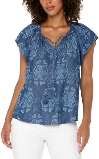 Flutter sleeve woven top w front tie detail Ella where she shops