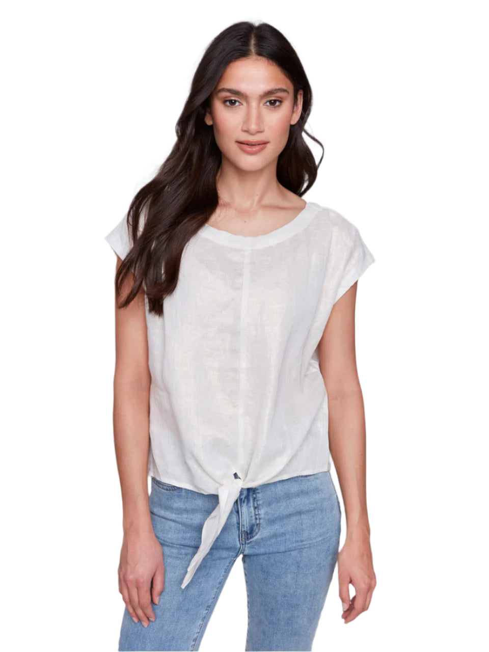 Foiled Linen Blend Tie-Front Blouse - Champagne Ella where she shops