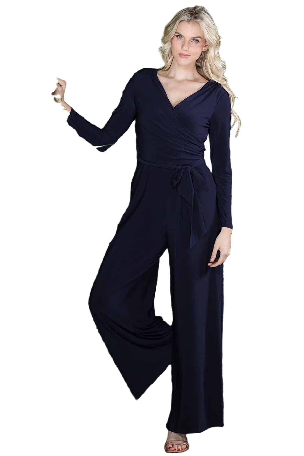 Front - Long Sleeve Surplice Crossover Jumpsuit - Ella Where She Shops