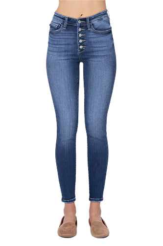 Hi Rise Button Fly Skinny Jean – Front – Ella Where She Shops