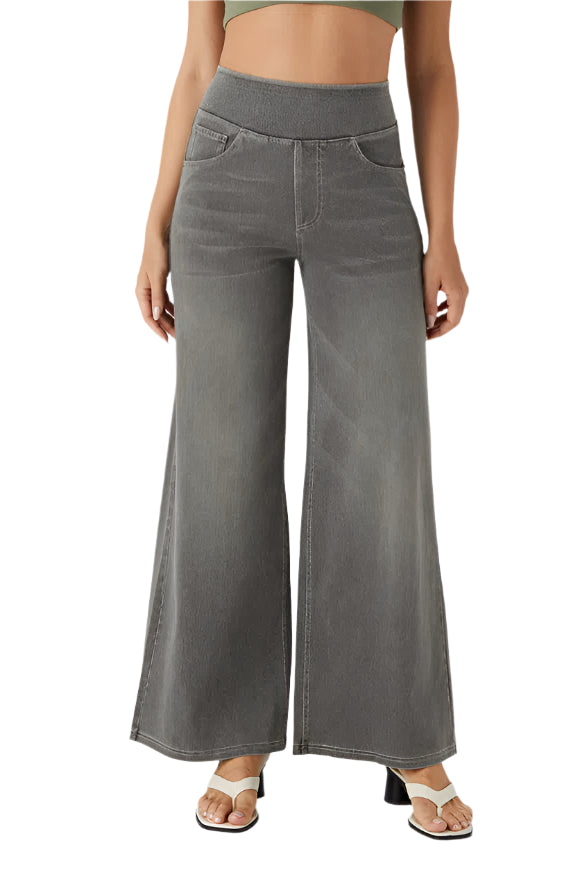 High Waisted Multiple Pockets Baggy Wide Leg Washed Stretchy Knit Casual Jeans - Black Iron Gray Denim - Ella Where She Shops