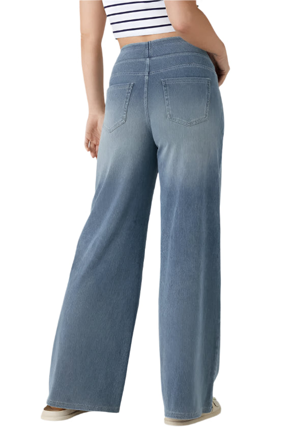 High Waisted Multiple Pockets Baggy Wide Leg Washed Stretchy Knit Casual Jeans - Blue Gray Denim Back - Ella Where She Shops