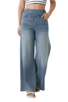 High Waisted Multiple Pockets Baggy Wide Leg Washed Stretchy Knit Casual Jeans - Blue Gray Denim Front - Ella Where She Shops