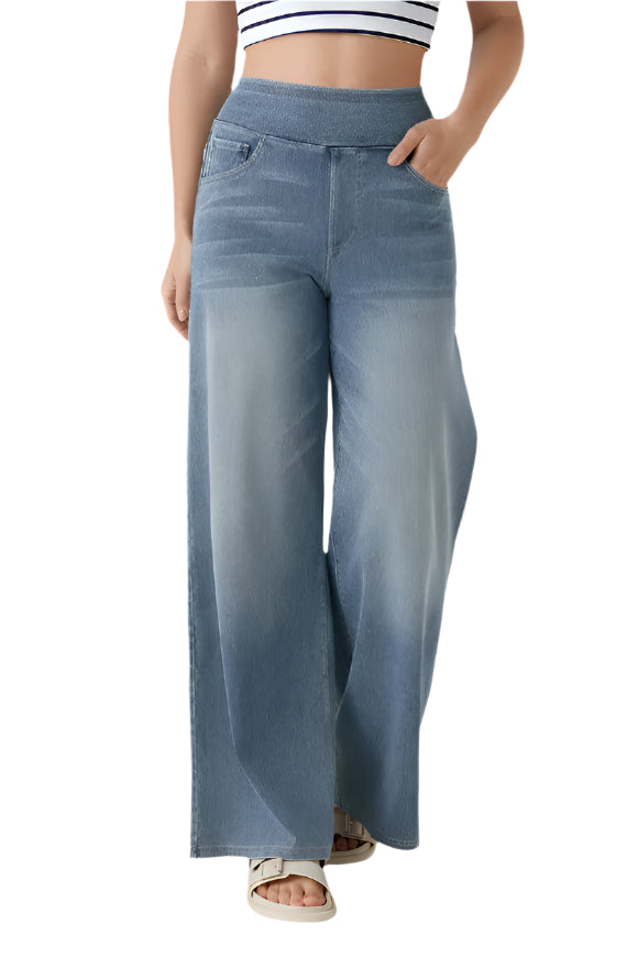 High Waisted Multiple Pockets Baggy Wide Leg Washed Stretchy Knit Casual Jeans - Blue Gray Denim Front - Ella Where She Shops