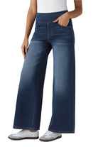 High Waisted Multiple Pockets Baggy Wide Leg Washed Stretchy Knit Casual Jeans - Bright Blue Denim - Ella Where She Shops