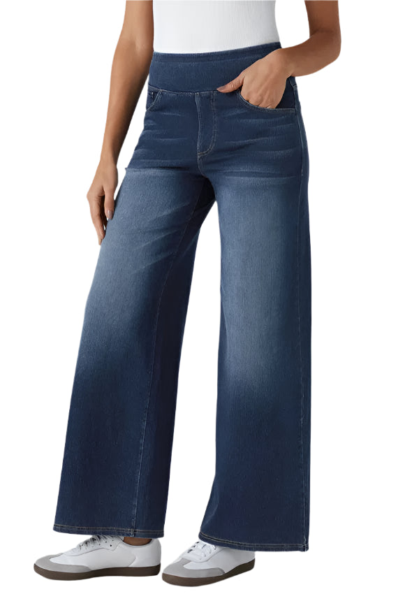 High Waisted Multiple Pockets Baggy Wide Leg Washed Stretchy Knit Casual Jeans - Bright Blue Denim - Ella Where She Shops