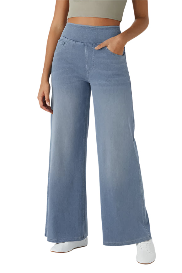 High Waisted Multiple Pockets Baggy Wide Leg Washed Stretchy Knit Casual Jeans - Gray Blue Denim - Ella Where She Shops