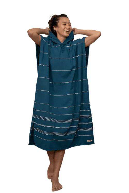 Hooded Poncho - Classic Stripe Teal Blue On Model - Ella Where She Shops