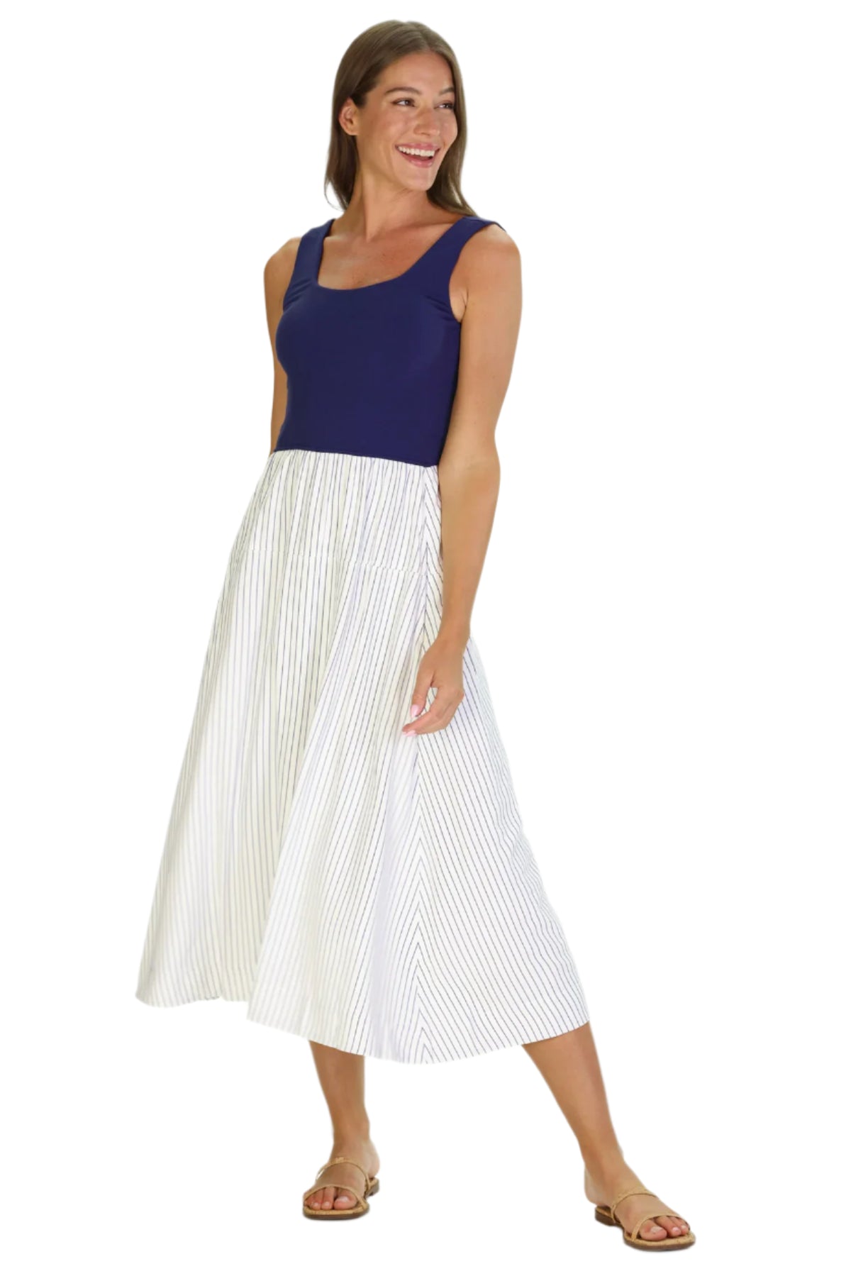 Jada Dress in Thin Navy Stripe Ella where she shops