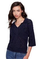 Johnny Collar Pointelle Sweater - Navy - Front - Ella Where She Shops