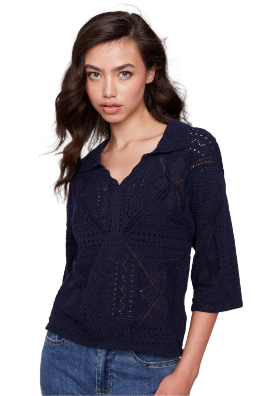 Johnny Collar Pointelle Sweater - Navy - Front - Ella Where She Shops