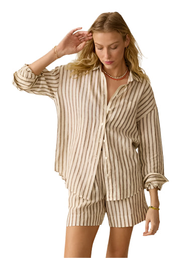 Laguna Linen Relaxed Shirt - Cocoa Grove Stripe - Ella Where She Shops