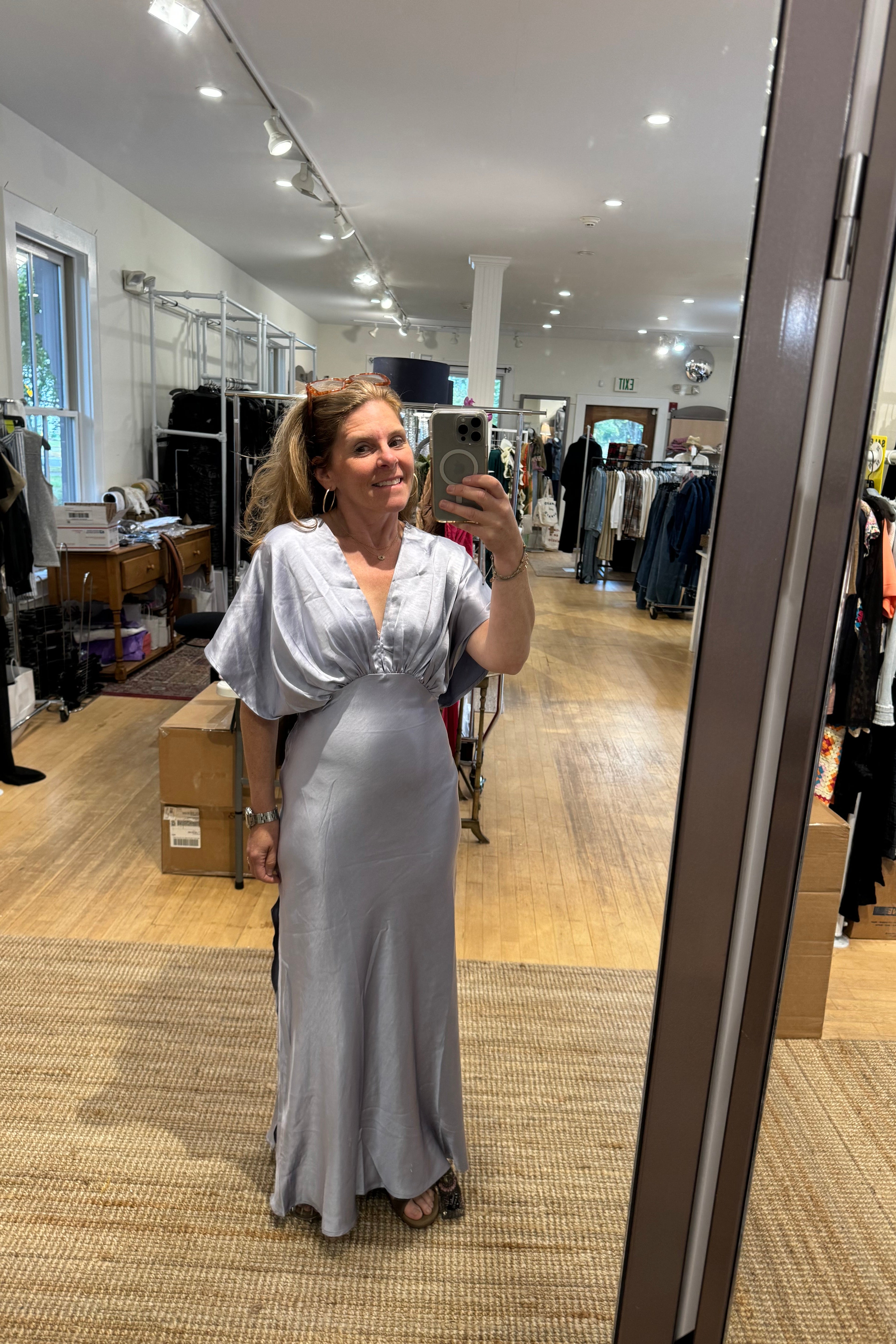 Like Butter Satin Blouson Maxi Dress – On Model 2 – Ella Where She Shops