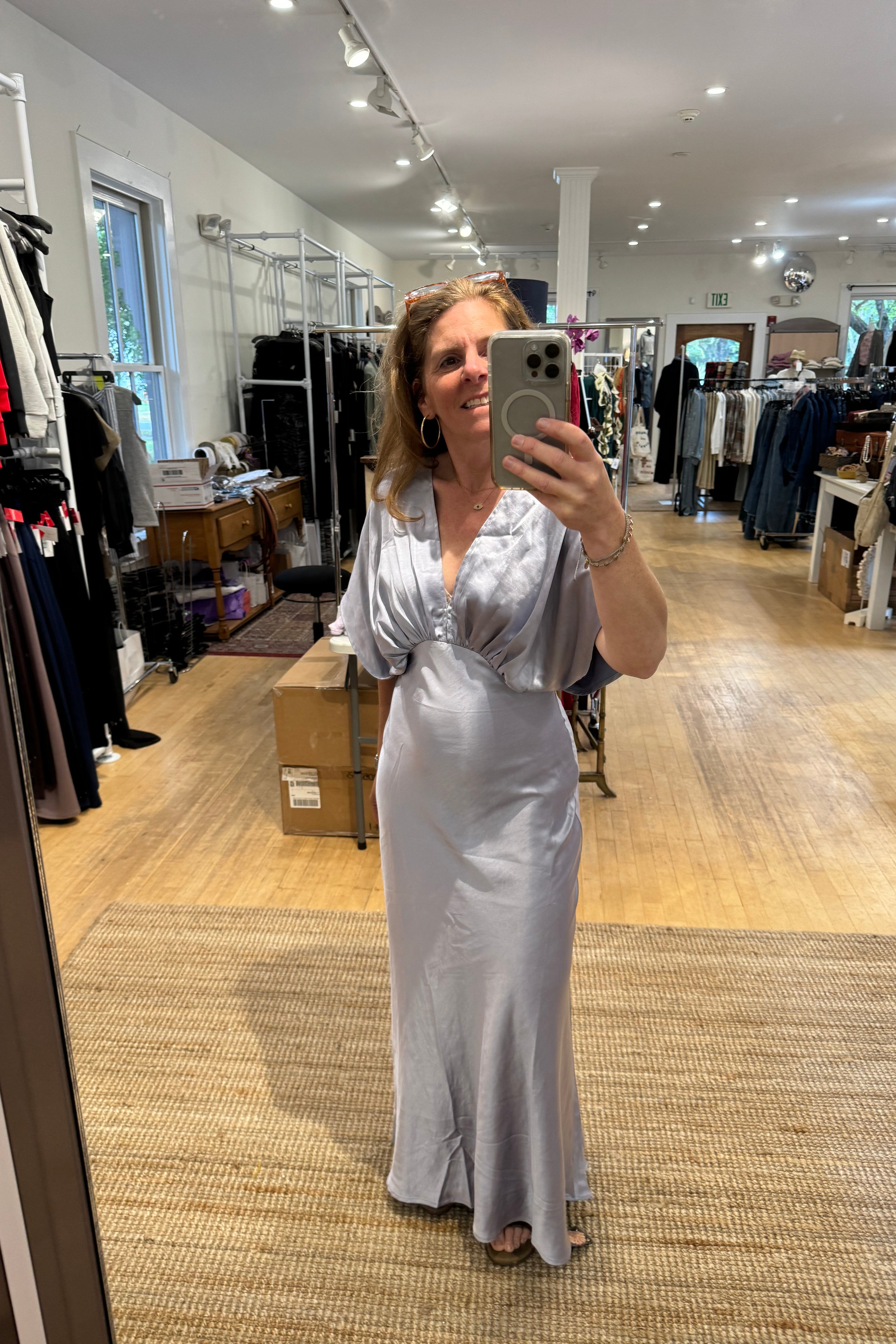Like Butter Satin Blouson Maxi Dress – On Model – Ella Where She Shops