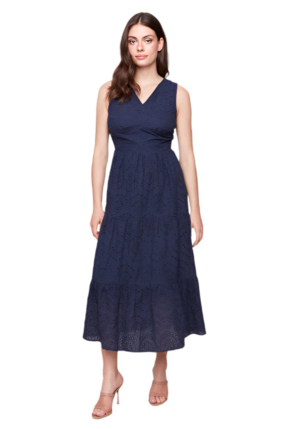 Long Sleeveless Cotton Eyelet Dress - Navy - Front - Ella Where She Shops