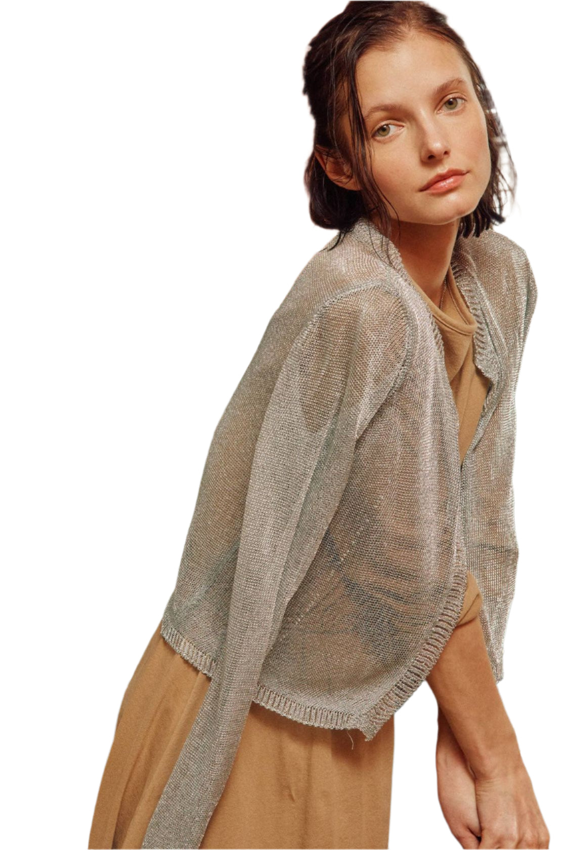 Metallic Open Front Cardigan –Silver Front – Ella Where She Shops