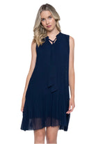 Neck Tie Pleated Mini Dress – Front – Ella Where She Shops