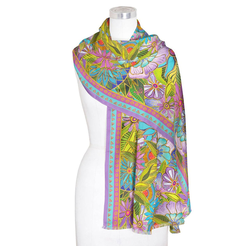 Laurel Burch Aqua Lavender Floral silk shawl