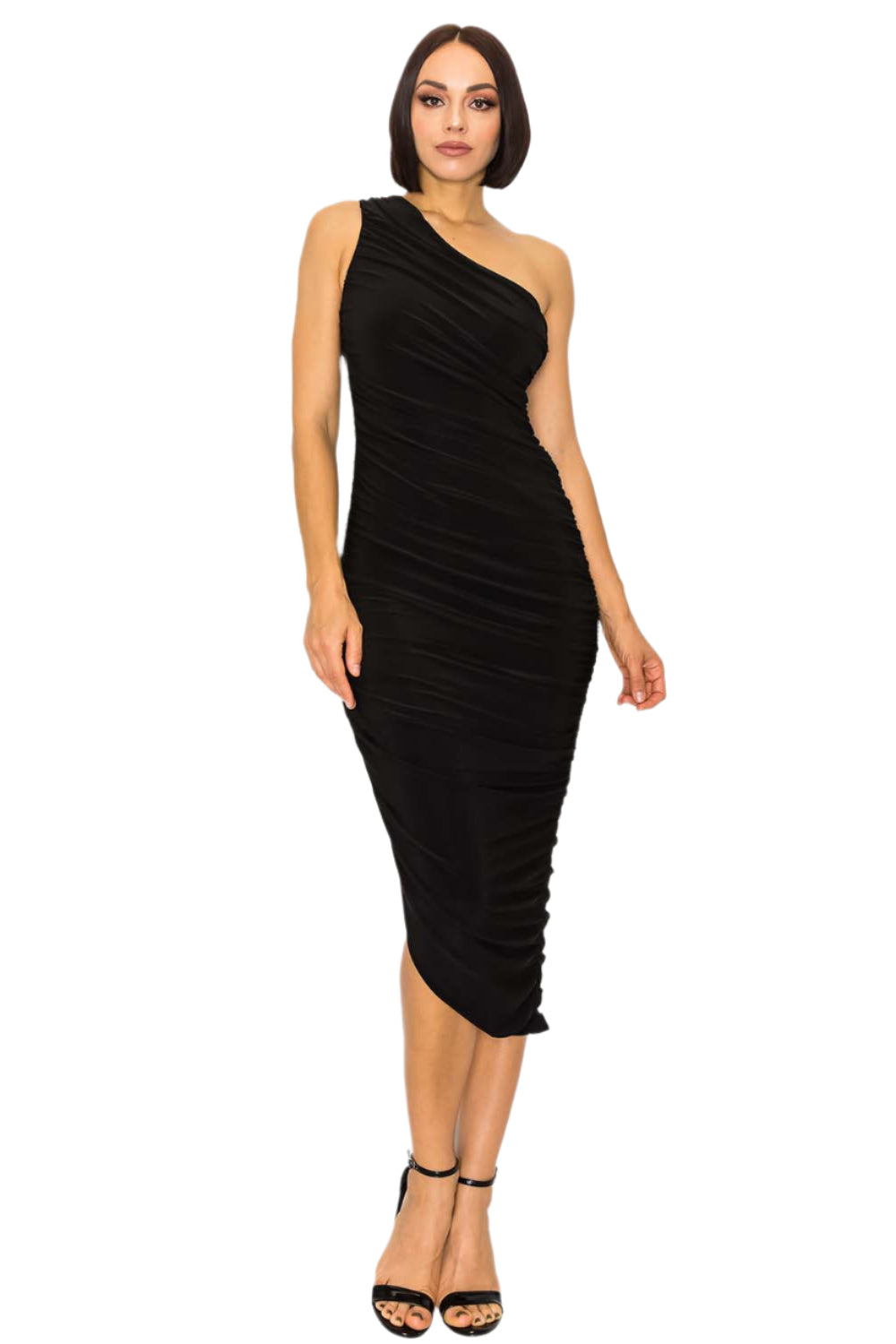 One Shoulder Ruched Bodycon Dress Black Front - Ella Where She Shops