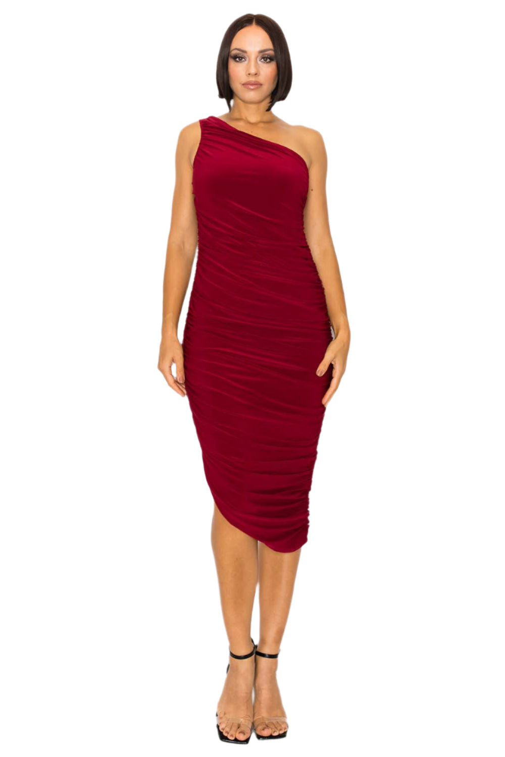 One Shoulder Ruched Bodycon Dress Burgundy Front - Ella Where She Shops