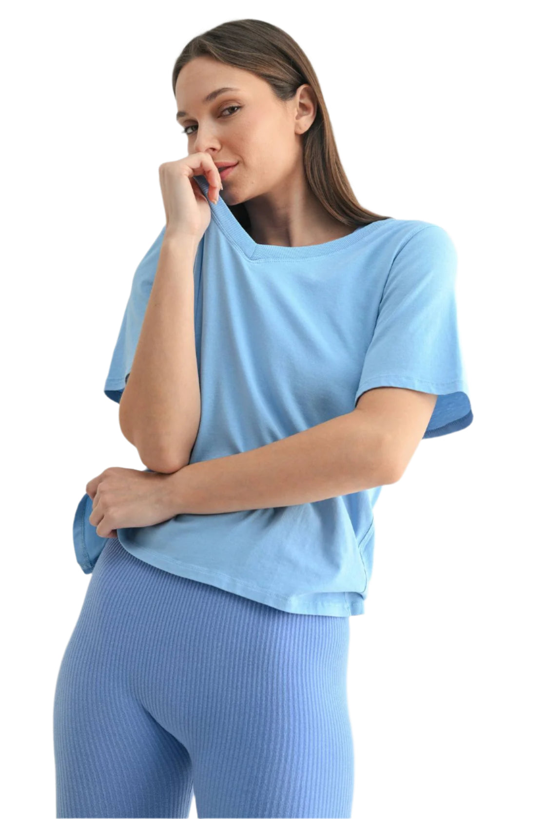 Pima Cotton Blend V-Neck Tee - Blue - Front - Ella Where She Shops
