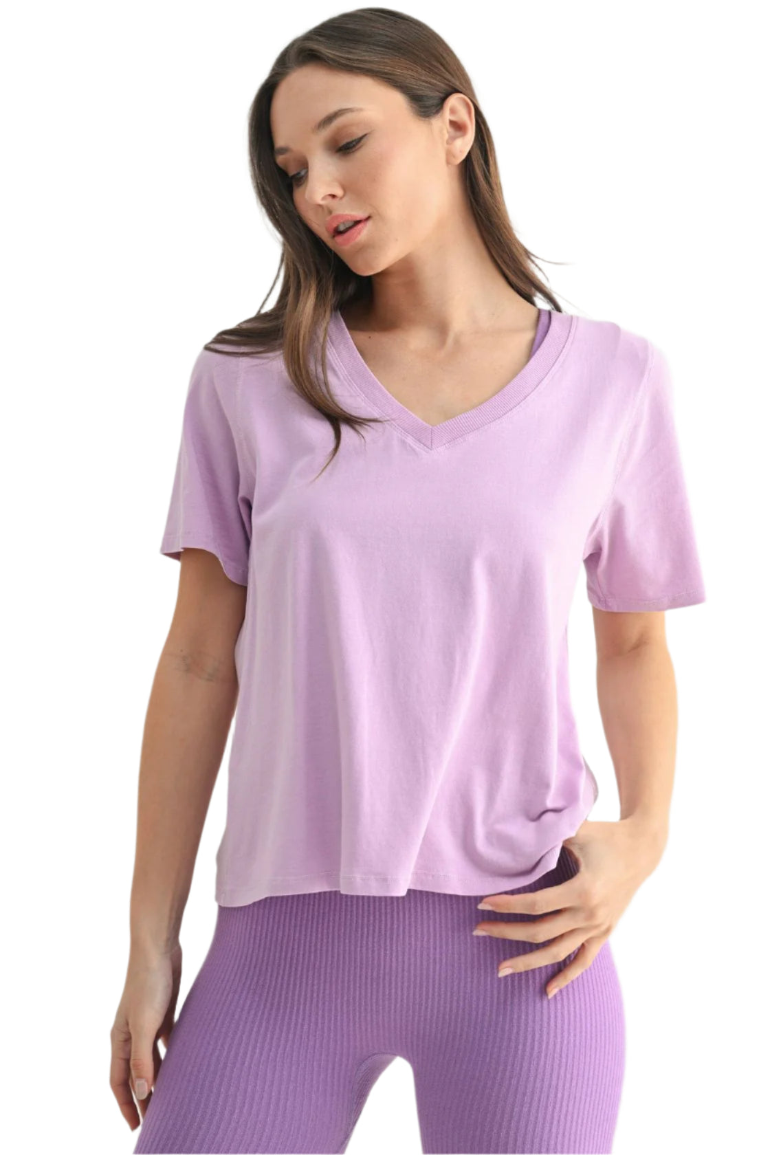 Pima Cotton Blend V-Neck Tee - Lavender - Front - Ella Where She Shops
