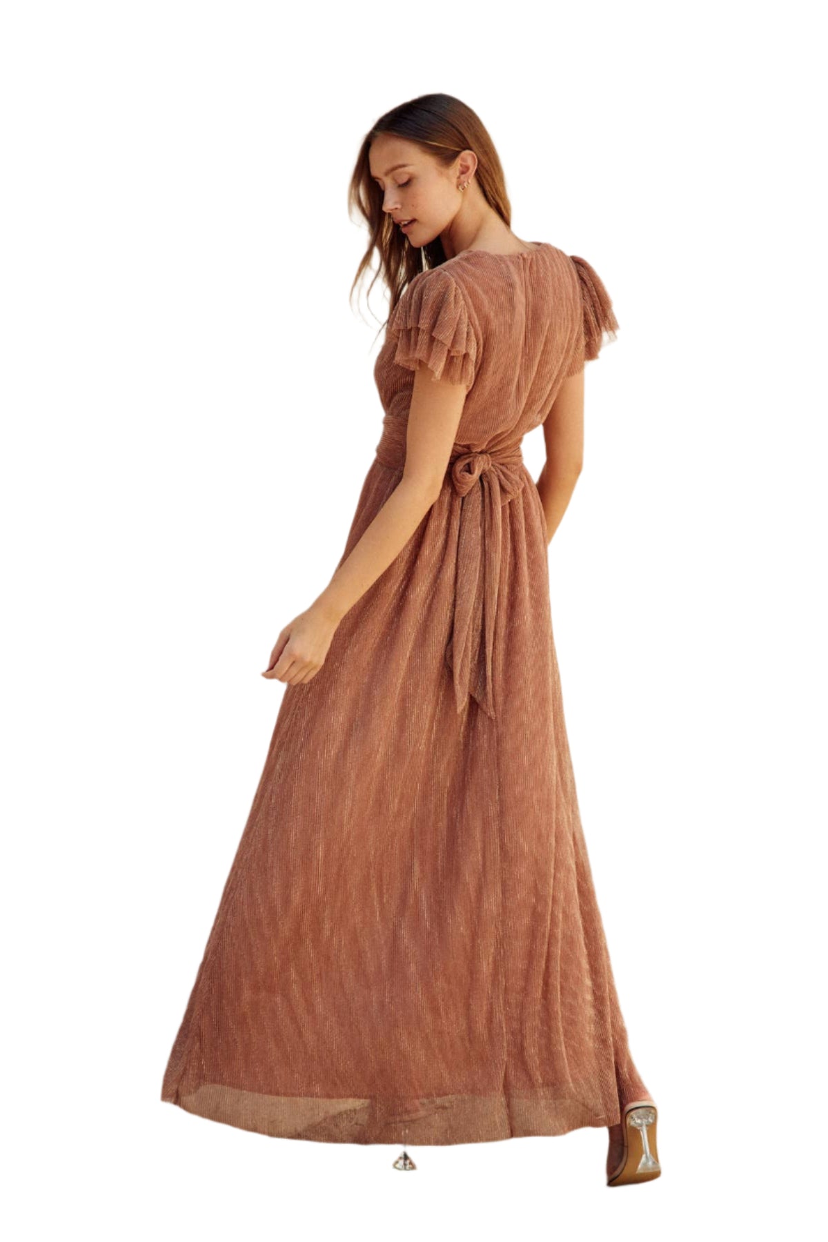 Pleats And Thank You Flutter Sleeve Maxi Dress – Back – Ella Where She Shops
