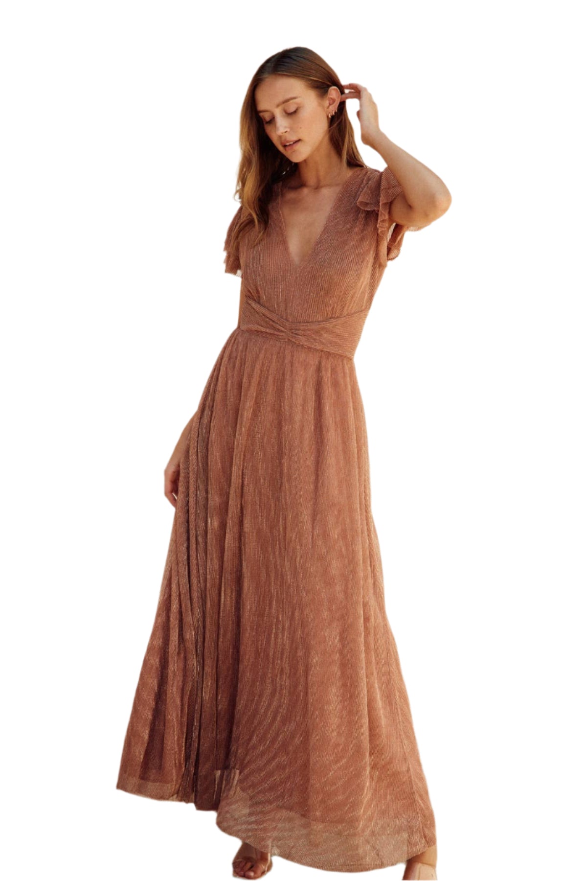 Pleats And Thank You Flutter Sleeve Maxi Dress – Front – Ella Where She Shops